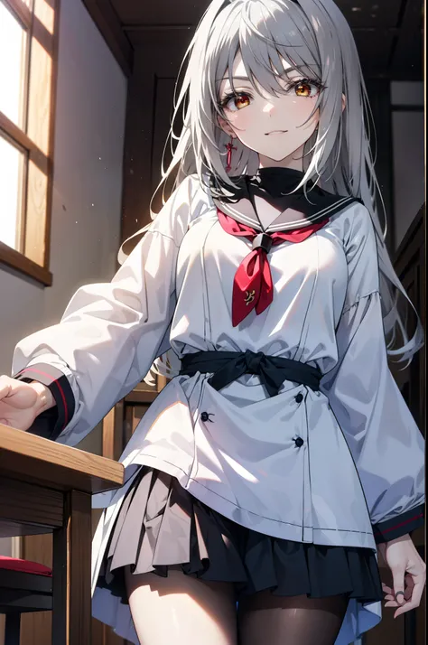 Laura Bodewig, Laura Bodewig, long hair, odd eye(left eye　red eyes:1.3, right eye　yellow eyes:1.3),gray hair, happy smile, smile, open your mouth,japanese high school girl uniform(black sailor suit),black pleated skirt,Gray pantyhose,brown loafers,sitting ...