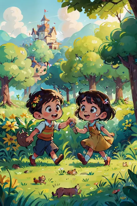 (((Masterpiece))) depicting a charming disney-style cartoon featuring two adorable children frolicking in the untamed wilderness. The artwork showcases meticulous attention to detail and impeccable quality, with vibrant colors and lively expressions. The c...