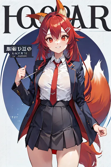 Firefox-Skollie, red eyes, fox girl, multiple tails, multicolored hair, 1girl, hairclip, solo, light smile, small breasts, looking at viewer, 
, pleated skirt, necktie, open jacket, magazine cover, simple background, 
(masterpiece:1.1), (best quality:1.1),...