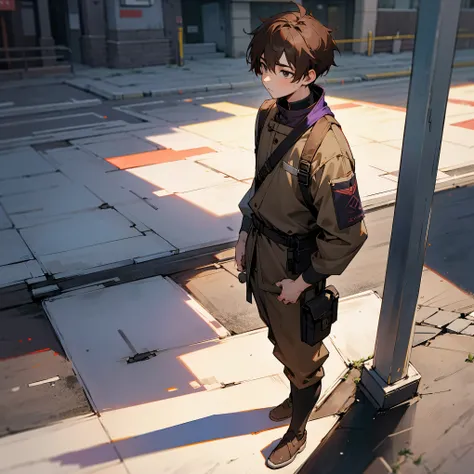 1male , White Yukata , Combat Clothing , Brown Hair , Purplish black eyes , Standing on sidewalk 