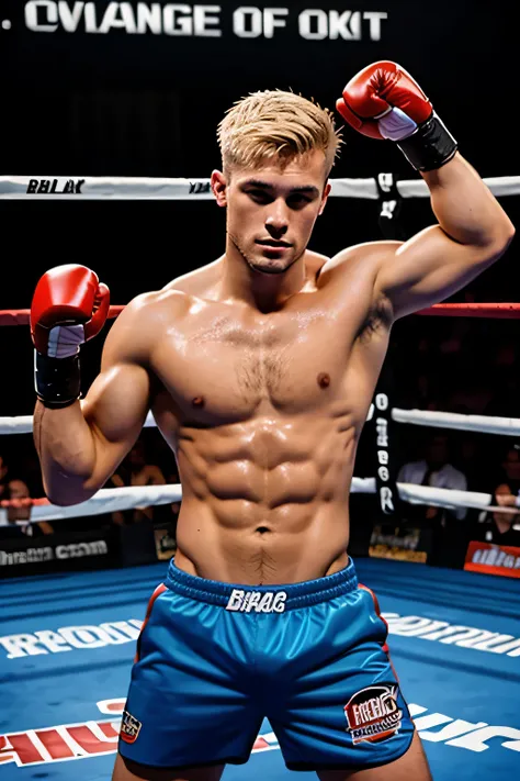 shirtless sweat-drenched 21-year old short blonde hair handsome male boxer, boxing gloves, boxing shorts, shirtless, boxing ring
