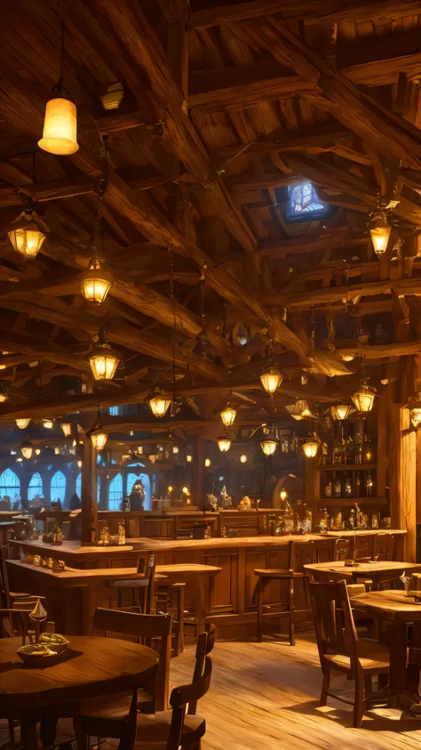 In the heart of a medieval tale, a young ginger woman finds herself inside a lively tavern. The taverns interior is a mesmerizing display of intricate details, with vibrant colors adorning every nook and cranny. As the intense sunrise light pours through t...