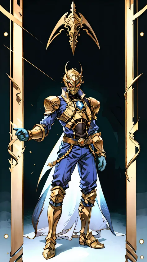 A man with short golden hair slicked back, his face entirely obscured by a Dynastinae concept mask, full mask, cold gaze, clad in an indigo blue fantasy-style Dynastinae concept chest plate, his arms and legs are clad in matching armor, he wears a white un...