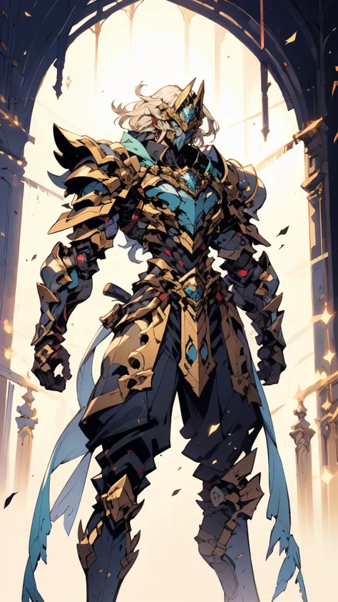 A man with short golden hair slicked back, his face entirely obscured by a Dynastinae concept mask, full mask, cold gaze, clad in an indigo blue fantasy-style Dynastinae concept chest plate, his arms and legs are clad in matching armor, he wears a white un...