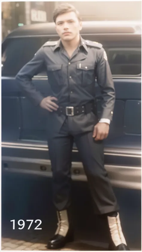 foto arafada em tons de cinza de um homem de uniforme parado na frente de um carro, taken in early 1972, em um uniforme de soldado, em uniforme militar, de uniforme, uniforme completo, unknown location, de uniforme preto, policial, vestindo um uniforme de ...