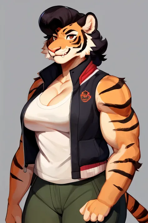 By bigcozyorca, by bebebebebe, by buta99, solo, female, (hair, snout), tiger, ((muscular, tall)), flexing, biceps, woman, armpit hair, cleavage, smirking, fangs, curly pompadour, standing, burly, sleeveless jacket, broad shoulders,small breasts, huge

