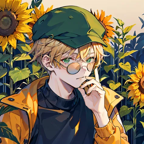 a 21 years old boy, with medium blonde hair, green eyes, wearing a green cap with a sunflower on top of it,a orange round glasse...