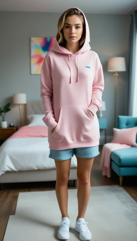 "Generate a full-body portrait of a beautiful face woman standing in a spacious bedroom. She is dressed in a hoodie with the RGB color (0, 0, 255) for blue and shorts with the RGB color (255, 192, 203) for pink. The ultra-wide shot captures the entire room...