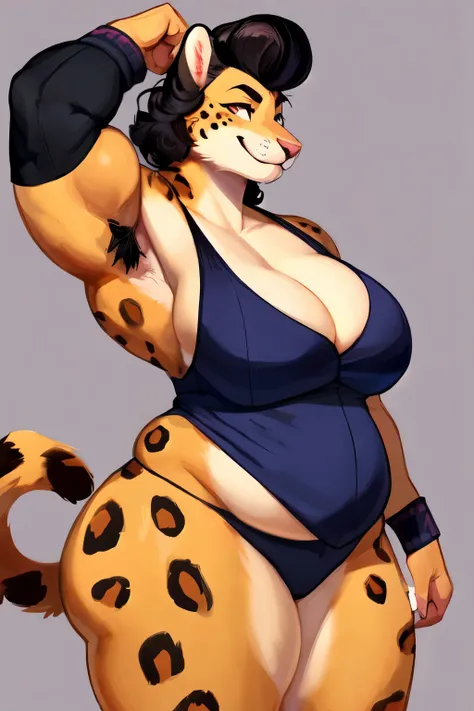 By bigcozyorca, by bebebebebe, by buta99, solo, female, (hair, snout), leopard, ((muscular, tall)), flexing, biceps, woman, armpit hair, cleavage, smirking, fangs, curly pompadour, standing, burly, sleeveless jacket, broad shoulders, small breasts, huge, c...