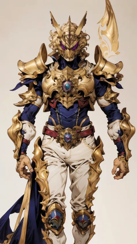 A man with short golden hair slicked back, his face entirely obscured by a Dynastinae concept mask, full mask, cold gaze, clad in an indigo blue fantasy-style Dynastinae concept chest plate, his arms and legs are clad in matching armor, he wears a white un...