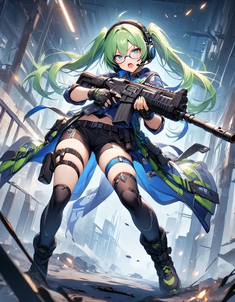 best quality, masterpiece, 1girl, assault rifle, blue eyes, full body, gloves, green hair, pigtails, gun, handgun, headset, holding gun, holding weapon, holster, kochiy sanae, open mouth, pistol, solo, thigh holster, thigh strap, trigger discipline, weapon...
