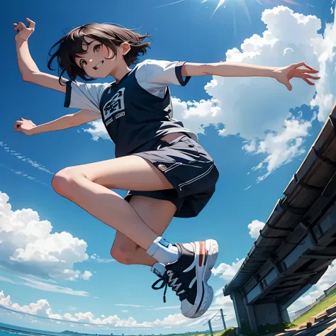 A boyish girl who appears to be jumping and running through the air、Aori from below、smile、sneakers、short hair、Two limbs each