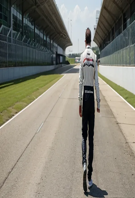 A formula one driver, sentado no guardrail, olhando para uma pisto no plano de fundo