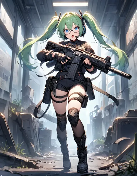 best quality, masterpiece, 1girl, assault rifle, blue eyes, full body, gloves, green hair, pigtails, gun, handgun, headset, holding gun, holding weapon, holster, kochiy sanae, open mouth, pistol, solo, thigh holster, thigh strap, trigger discipline, weapon...