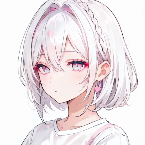 girly girl, pink round glasses, white shirt, face close-up, white hair, light white eyes, pure, (hair over one eye), (pixie hair...