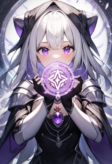 1girl,solo,Setsu,original,white hair,black dress,silver armor,purple eyes,witch,magic circle,ultra-detailed,sharp focus,aesthetic,(best quality)