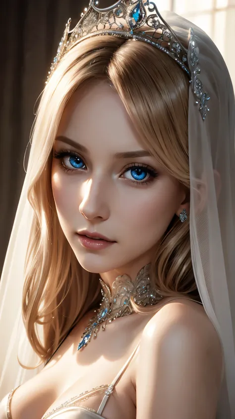 Beth Riesgraf , wearing nude veil bride tiara corset sexy clothes transparent. professionally retouched, soft lighting, realistic, smooth face, perfect eyes, sharp focus on eyes, 8 k, high definition, insanely detailed, intricate, elegant, sexy face. in a ...