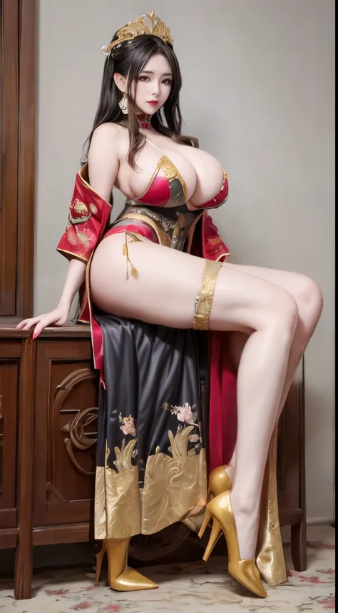 bellyband。Cover。big breasts。Breasts larger than torso。smooth and delicate woman。Sexy hot woman。prostitute。Hairpin。Taoist robe。full-body shot，High heel。Cultivation clothing。exposed。Antique Chinese costumes。vintage sexy clothing。Fengguanxiapei。Bundled hair w...