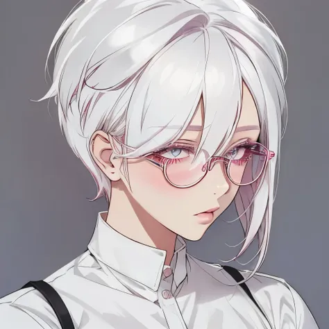 girly girl, pastel pink glasses, white shirt, face close-up, white hair, light white eyes, pure, (hair over one eye), (pixie hai...