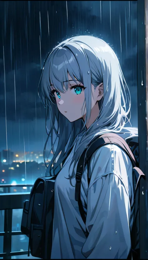 Resolution full, best quality, masterpiece, full HD, beautifull girl, young girl, foggy theme, super detailed, girl standing in the rain at night with a backpack, white T - shirt oversized. rainy night, it is night and raining, long hair, silver hair, beau...