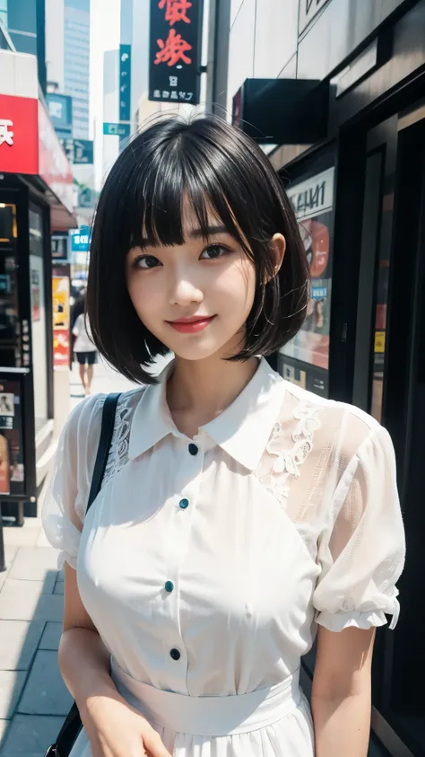 （Ultra high definition）（masterpiece）（textured skin）（very detailed）（high quality）（最high quality）（first person perspective）(16k ),woman,(upper shot),white dress shirt,smile,blunt bangs bobcut,Shinjuku,black hair,model
