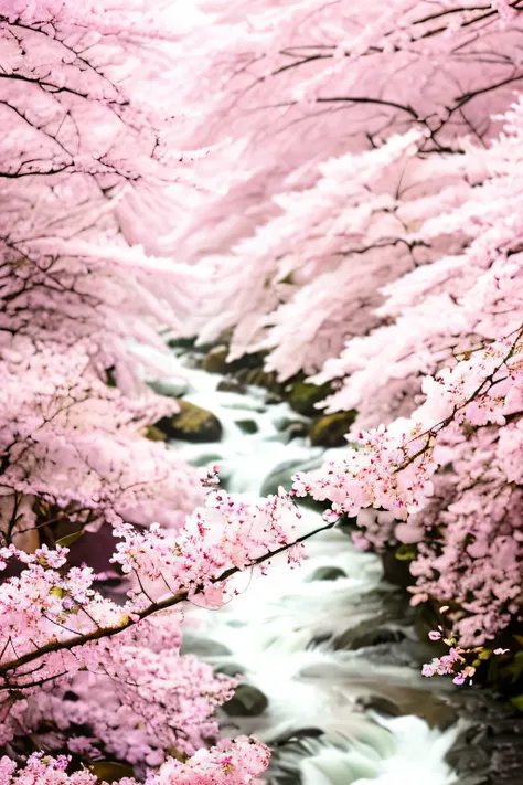 There is a river flowing through a forest with white flowers, blossoming path to heaven, lush sakura trees, The cherry tree, cherryblossom, The cherry tree, cherry blossom forest, cherry blossom rain everywhere, cherry blossom, sakura trees in the backgrou...