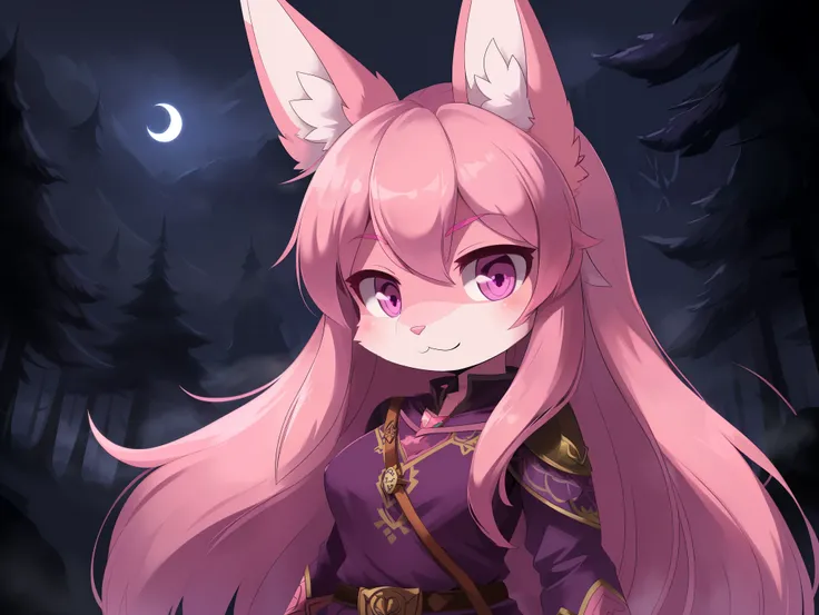 ((wolf)), solo, young, chibi, ((bunny face)), (pink fur), (pink face), long hair, straight hair, (pink hair), (wolf ears), (wolf tail), pink eyes, ((short snout)), breasts, ((very dark purple battle tunic)), midnight, dark forest city, fog, moon, Very good...