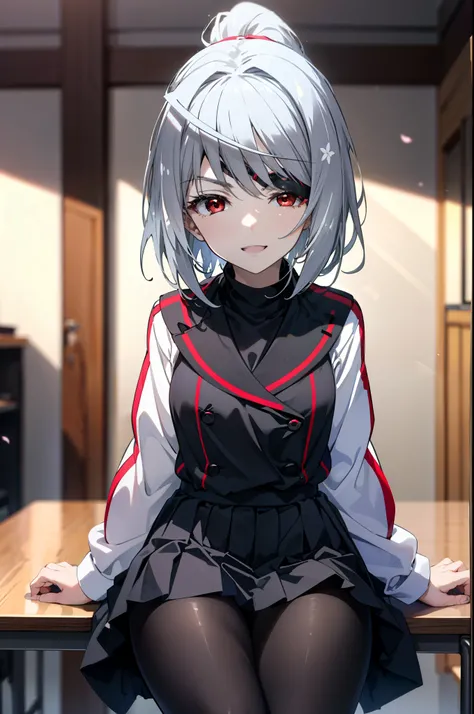 Laura Bodewig, Laura Bodewig, long hair,right eye (red eyes:1.3), gray hair, ponytail,short braided hair,left eye　eye patch,
gray hair, happy smile, smile, open your mouth,japanese high school girl uniform(black sailor suit),black pleated skirt,Gray pantyh...