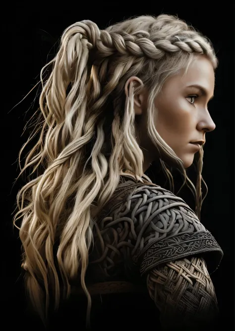 Gorgeous viking woman. Blonde hair tied in an intricate valkyrie knot braid. Traditional viking clothes. Blonde hair, beautifu blue eyes