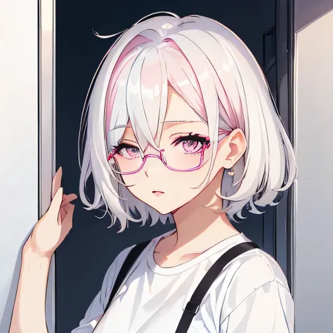 Girly girl, pastel pink glasses, white shirt, face close-up, white hair, light white eyes, pure, (Hair Over One Eye), messy short hair, feminine, innocent 