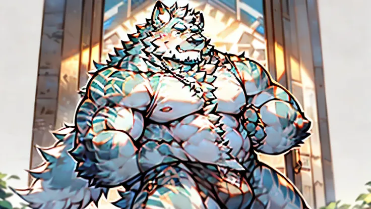 Anthropomorphic wolf，werewolf，man，large pecs，broad shoulderuscular limbs，bare upper body，huge crotch bulge, muscular, large, bearded, facial hair, body hair, chest hair, arm hair, leg hair，full body, grey fur ((high detail，masterpiece，best quality, high de...