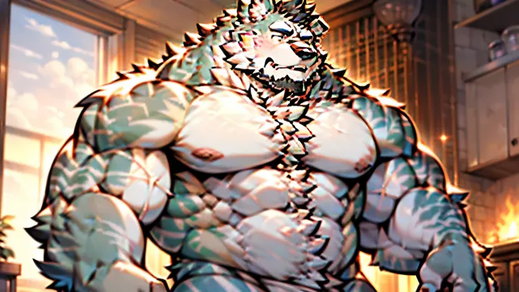 Anthropomorphic wolf，werewolf，man，large pecs，broad shoulderuscular limbs，bare upper body，huge crotch bulge, muscular, large, bearded, facial hair, body hair, chest hair, arm hair, leg hair，full body, grey fur ((high detail，masterpiece，best quality, high de...