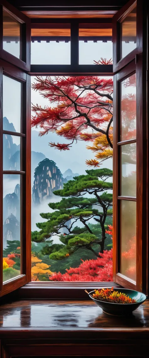 An open window in an old house, with a view of Mount Huangshan Mountain outside, shrouded in clouds and mist. The pine tree on top has colorful autumn colors. In front of it was one wall that had fallen off, adding to its visual appeal. This photo captures...