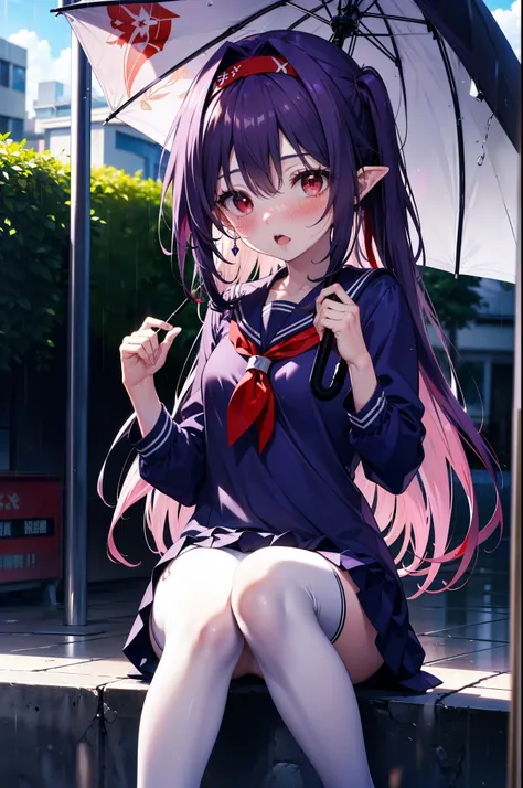 yuukikonno, Yuki Konno, hair band, long hair, pointed ears, purple hair,blush, embarrassing,(red eyes:1.5), (small breasts:1.2), open your mouth,high school girl uniform(purple sailor suit),Purple pleated skirt,white tights,brown loafers,rain,cloudy,umbrel...