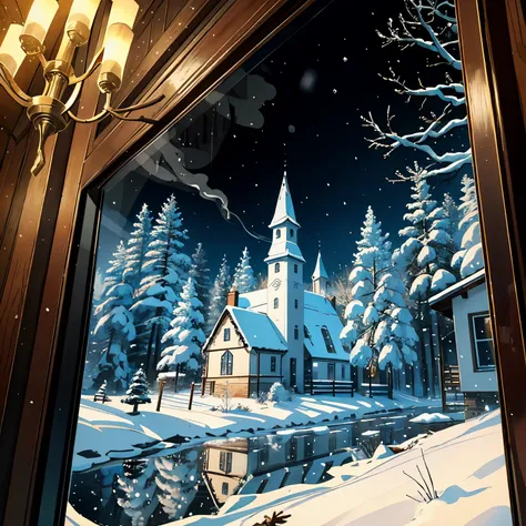 (masterpiece), high quality, 1man, winter scenery, cozy cabin, snowfall, crystal clear glass, reflection of warm fireplace, (det...