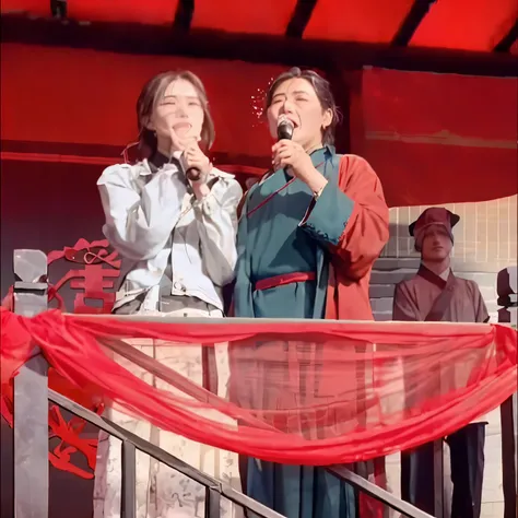 they are standing on a stage with a microphone and a red curtain, ruan jia and fenghua zhong, youtube video screenshot, Chiba Yudai, screenshot from a movie, lady, scene from live action movie, traditional chinese, Hungry Ghost Festival, jia, trending ，, b...