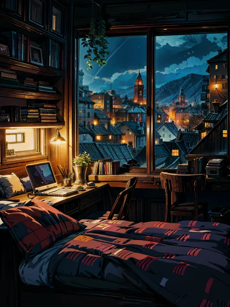 a bedroom with a view of a city at night, cozy room, cute room, cozy atmospheric, city apartment cozy calm, photorealistic room, cozy environment, cozy atmosphere, cozy home background, cozy wallpaper, inside a cozy apartment, cozy place, small and cosy st...