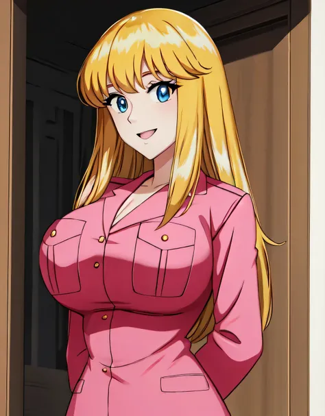 reiko nakagawa,blonde hair,((pink police uniform)),(blue eyes:1.2),skirt and jacket,(large breasts:1.5),shiny,hair,((solo)),((ma...