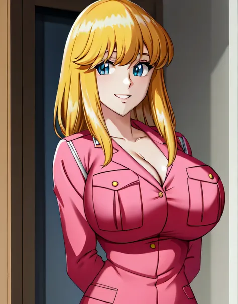 reiko nakagawa,blonde hair,((pink police uniform)),(blue eyes:1.2),skirt and jacket,(large breasts:1.5),shiny,hair,((solo)),((ma...