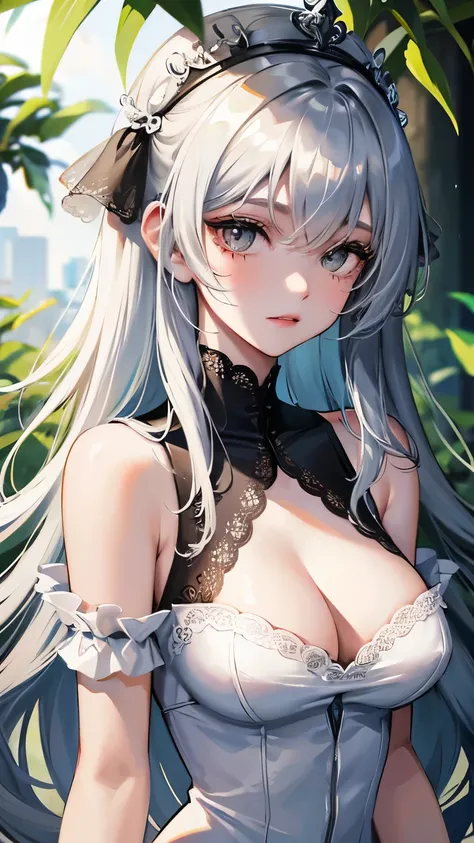 best quality, super fine, 16k, incredibly absurdres, extremely detailed, beautiful woman, white-silver straight hair, bangs, long white bushy eyelashes, slender, tight long black dress with lace, black eyes, located on top of a lush green hill, fantastic a...