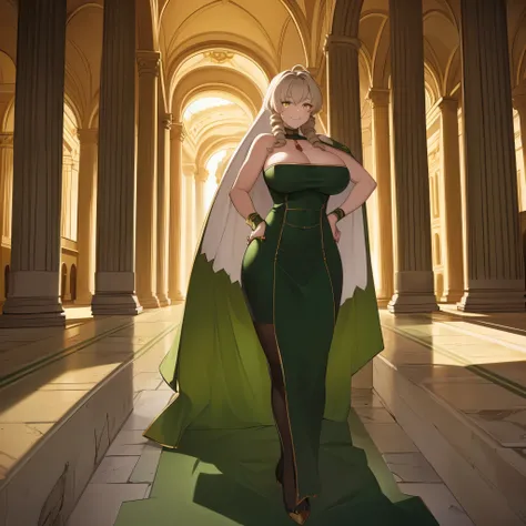 A woman wearing a sophisticated green dress, a classic Roman coliseum behind, pillars in the background, stone floor, at night, place lit with green and red lights, long beige hair, yellow eyes, smiling, a white fur cape, big breasts,HDR, very detailed, ul...