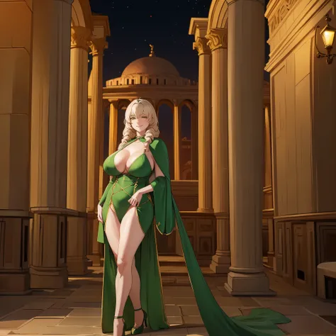 A woman wearing a sophisticated green dress, a classic Roman coliseum behind, pillars in the background, stone floor, at night, place lit with green and red lights, long beige hair, yellow eyes, smiling, a white fur cape, big breasts,HDR, very detailed, ul...