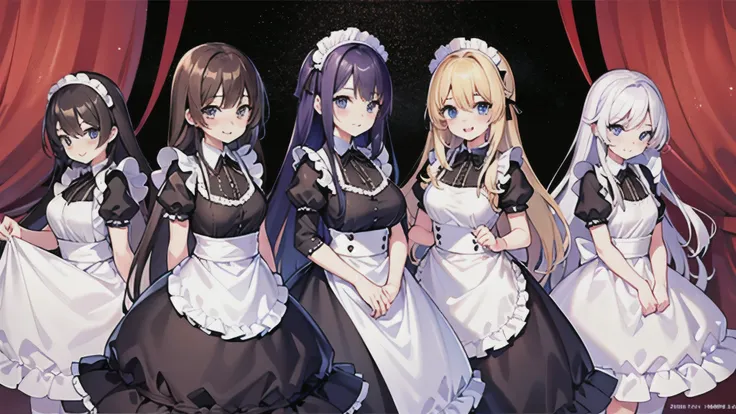 5 people maid girl , maid clothes black color, clothes maid black color, sweet girl,