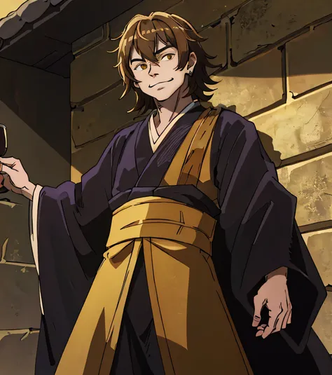 shady look, small grin, golden brown hair, shaggy hair, boy, suguru geto outfit, dark robes, domain expansion