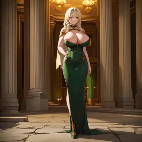 A woman wearing a sophisticated green dress, a classic Roman coliseum behind, pillars in the background, stone floor, at night, place lit with green and red lights, long beige hair, yellow eyes, smiling, a white fur cape, big breasts,HDR, very detailed, ul...