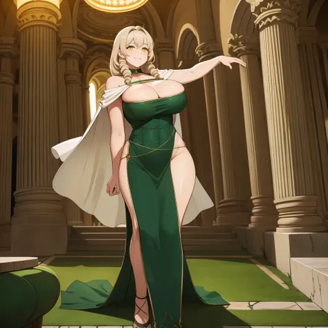 A woman wearing a sophisticated green dress, a classic Roman coliseum behind, pillars in the background, stone floor, at night, place lit with green and red lights, long beige hair, yellow eyes, smiling, a white fur cape, big breasts,HDR, very detailed, ul...