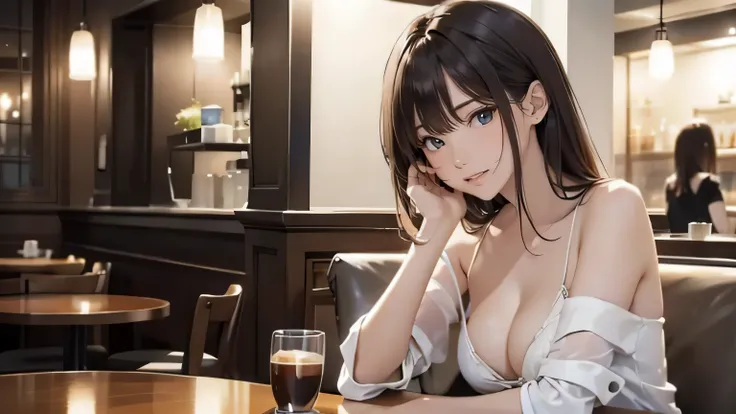 stylish cafe、masterpiece, highest quality, cinematic light, 8K resolution, sharp focus: 1.2, 25 year old woman, sexy woman,drinking coffee、Listening to music、whole body、 sleepy、