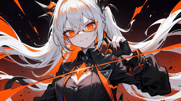 Girl with long white hair pulled back in two long pigtails, small in stature, with a defiant almost psychopathic look and smile, wearing a black suit with a shiny orange (orange shyning light) gem on her chest, wearing daggers, wearing dark glasses with re...