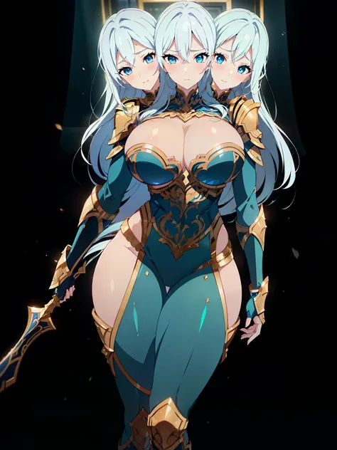 (masterpiece),(ultra-detailed), (high quality), (high resolution), (best quality:1.5, highres, UHD), highres, absurdo, ultra detail, ultra quality, ((3heads:1.5)), 1girl, (long hair), ((white hair)), (glowing blue eyes), cleavage, thighs, (blue armor), fem...