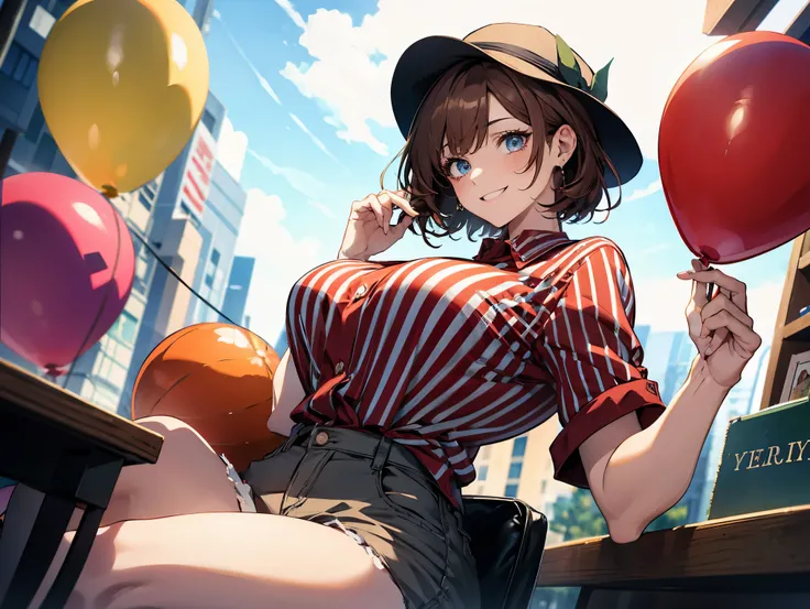 1female, teacher, wearing a red and blue striped shirt, bootyshorts, Thicc, big breast, brown hair, short hair, light blue eyes, face to detail, propeller hat, detailed eyes, the background is a pizzaria, smiling, holding a red and yellow striped balloon,